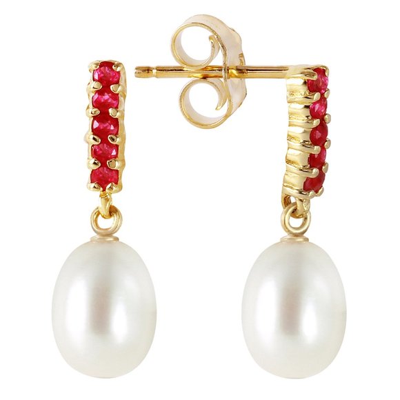 14K GOLD RUBY EARRINGS WITH DANGLING PEARLS - Picture 2 of 5
